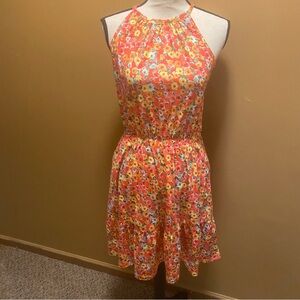 Newshows orange floral halter ruffled bottom summer dress w/ pockets sz S NWT